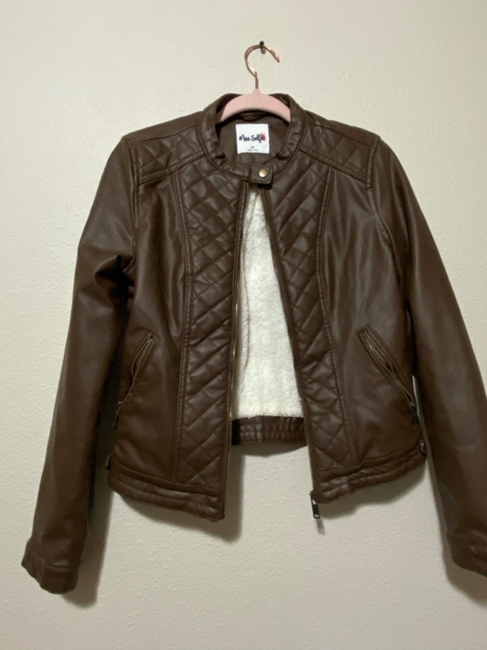 Faux Leather Quilted Brown Women's Jacket with Sherpa Lining
